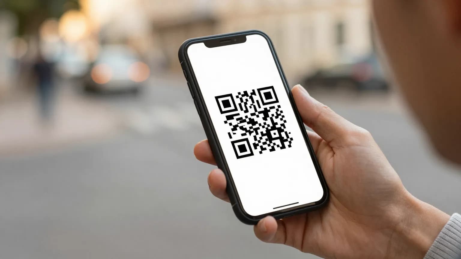 A phone showing a QR code pass on a sunlit street