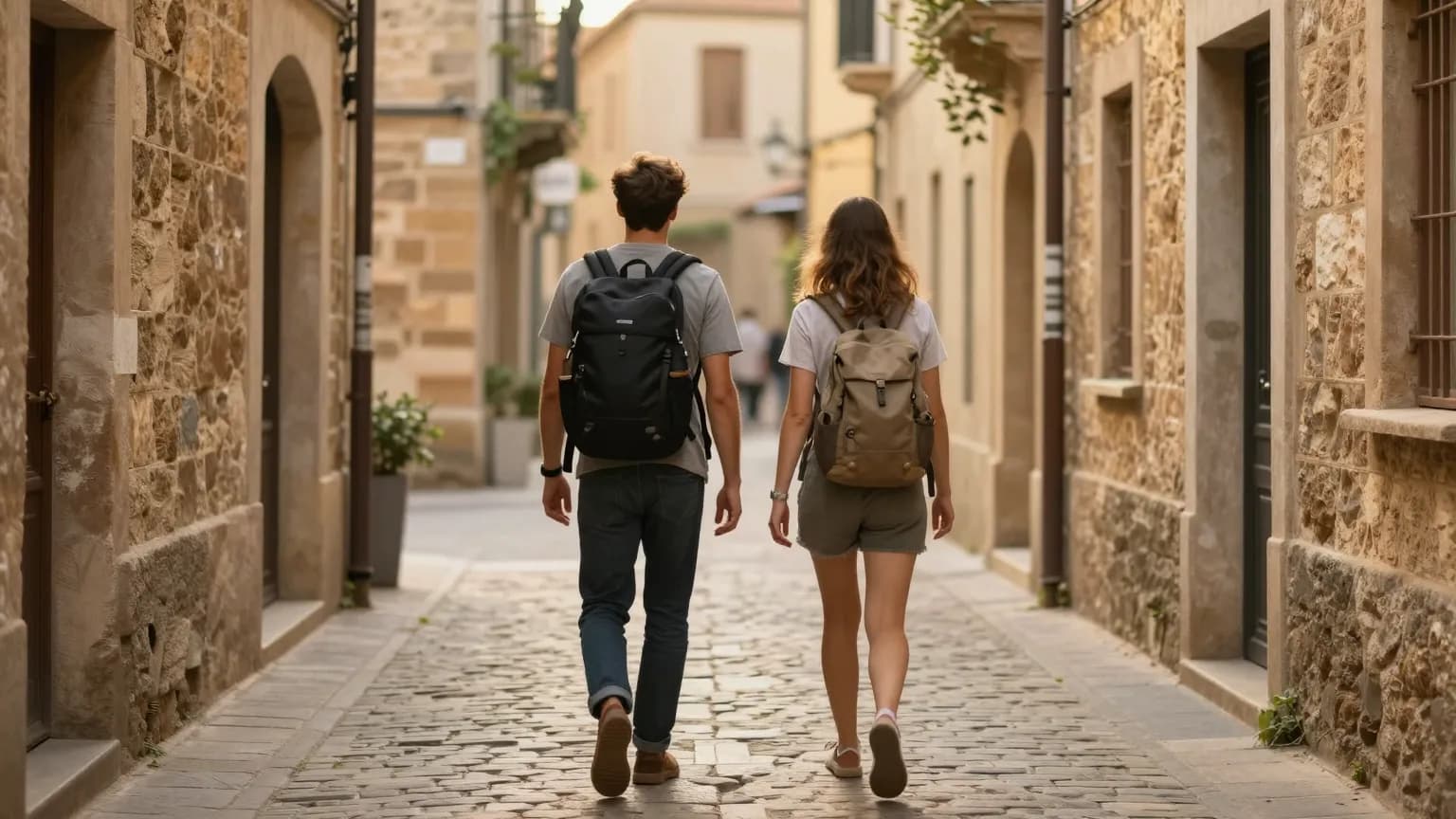 Two travellers walking a cobbled lane with daypacks